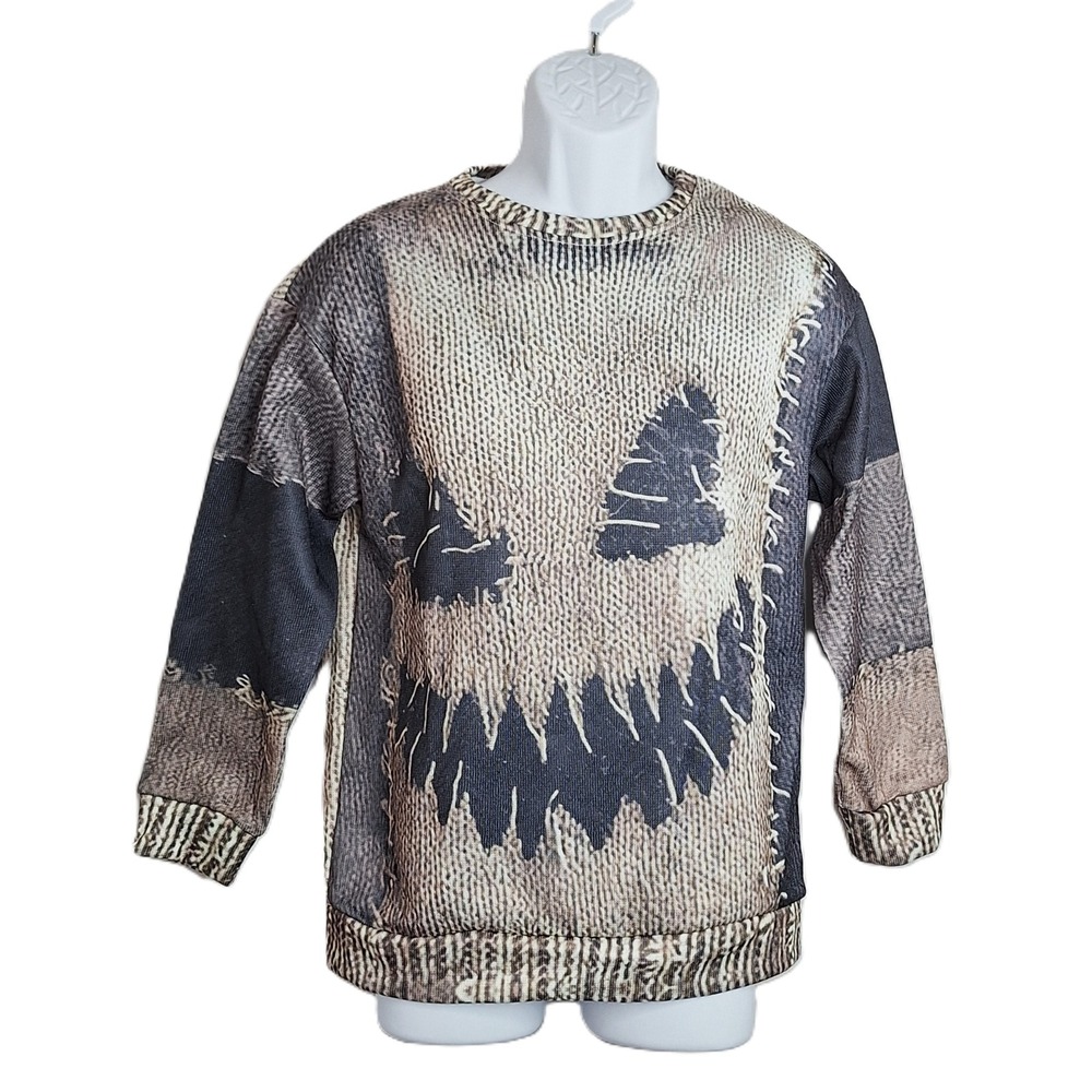 Scarecrow Stitched Face Graphic Crewneck Sweatshirt Grey Tan Medium